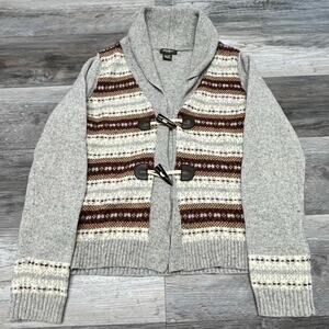 Eddie‎ Bauer Grey Womens M Wool Blend Fair Isle Shawl Neck Cardigan Sweater